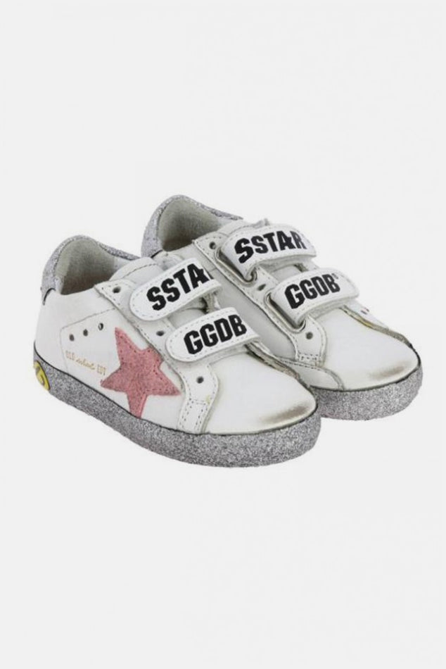 Kids Old School Low Top Sneaker White/Pink Star/Glitter Sole - blueandcream