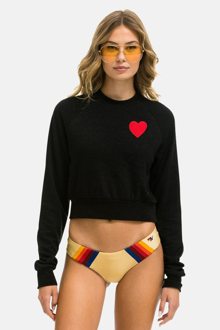 Heart Embroidery Cropped Sweatshirt Black