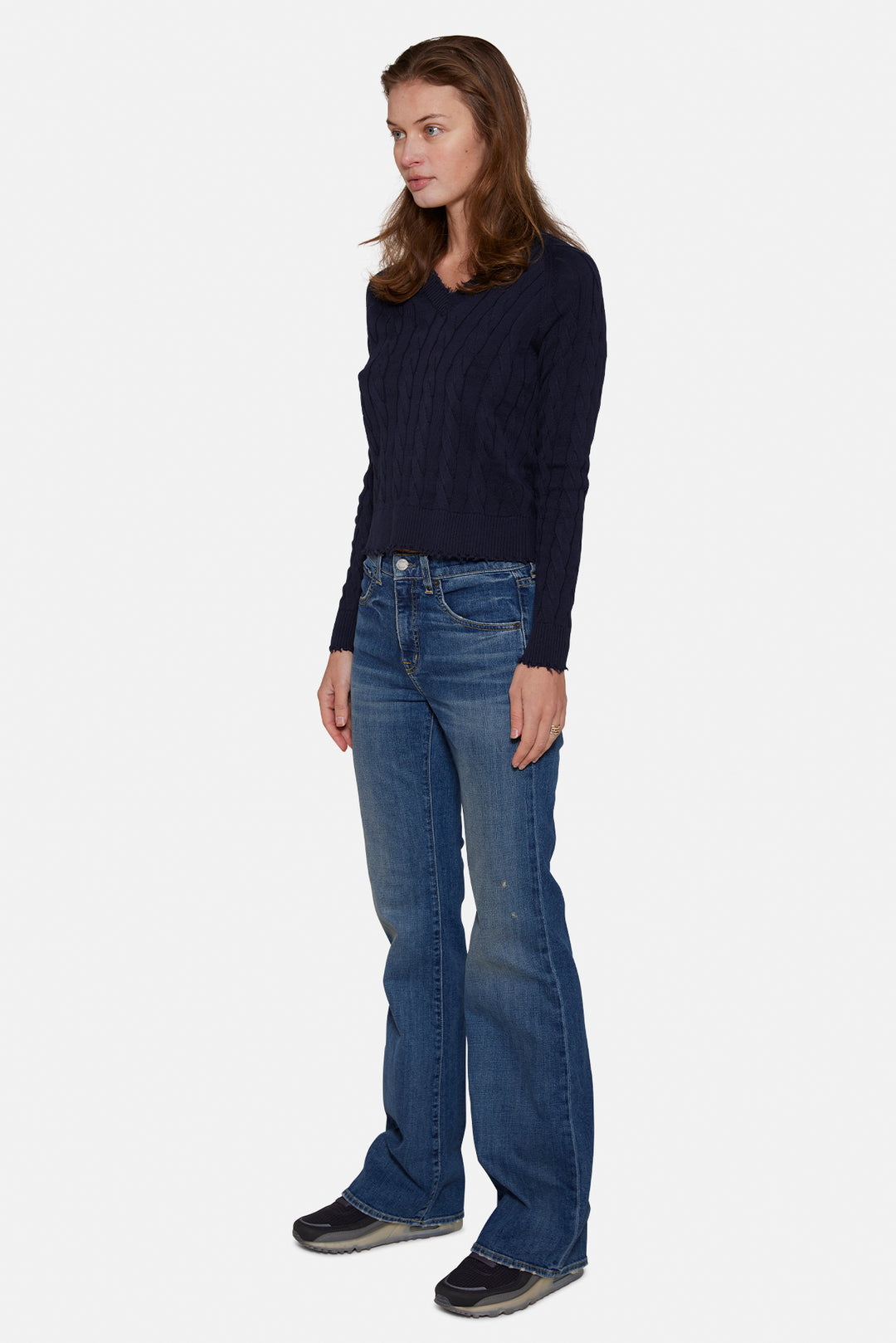 Amber Cable V Neck Sweater Navy
