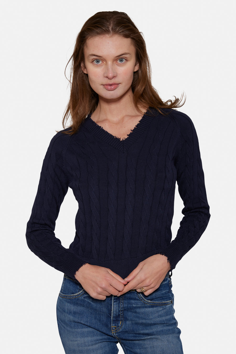 Amber Cable V Neck Sweater Navy