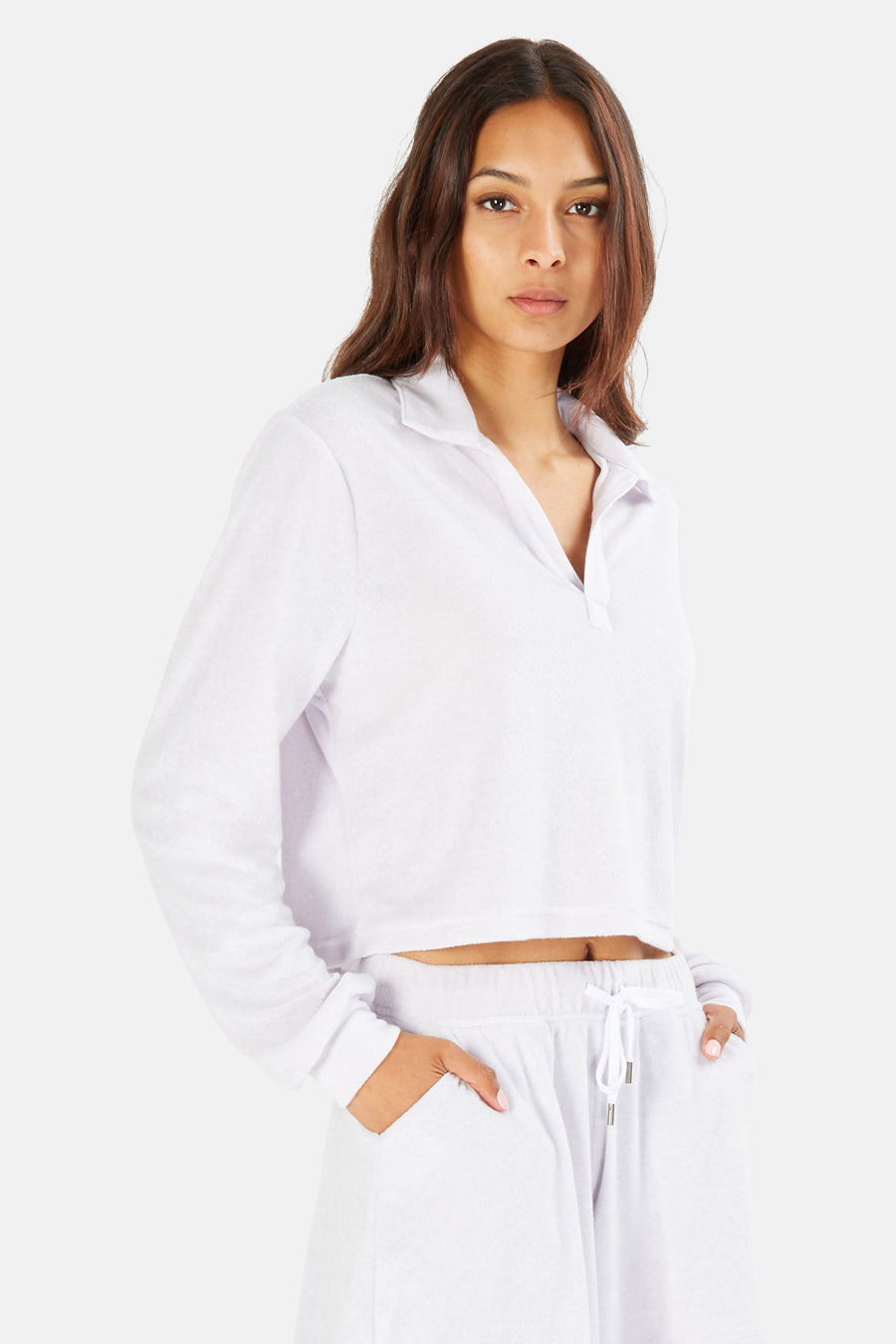 Charlie Cropped Long Sleeve Polo Whiteout Lilac - blueandcream