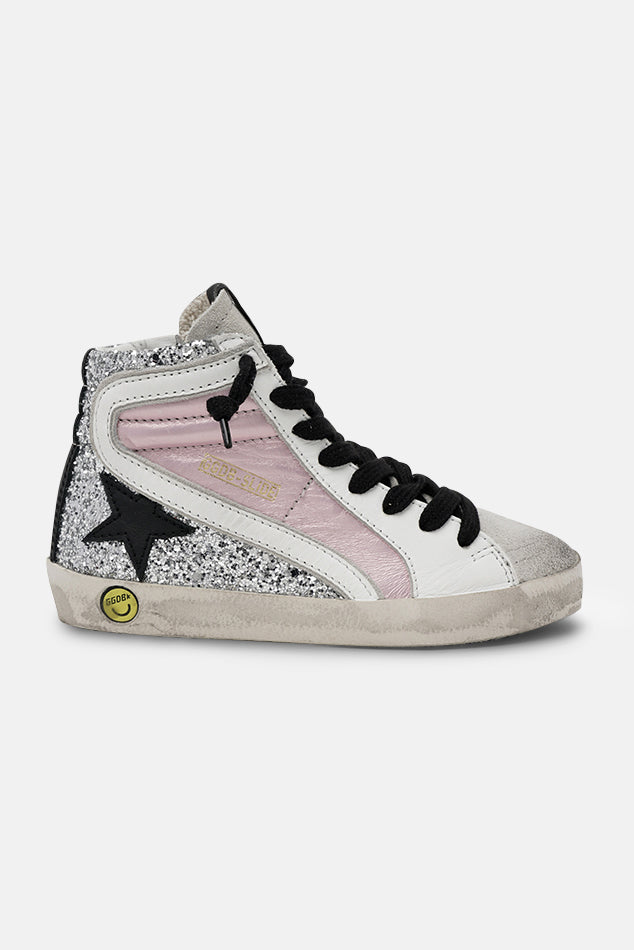 Kids Slide High Top Sneaker Salmon Pink/Black Star/Silver Glitter - blueandcream