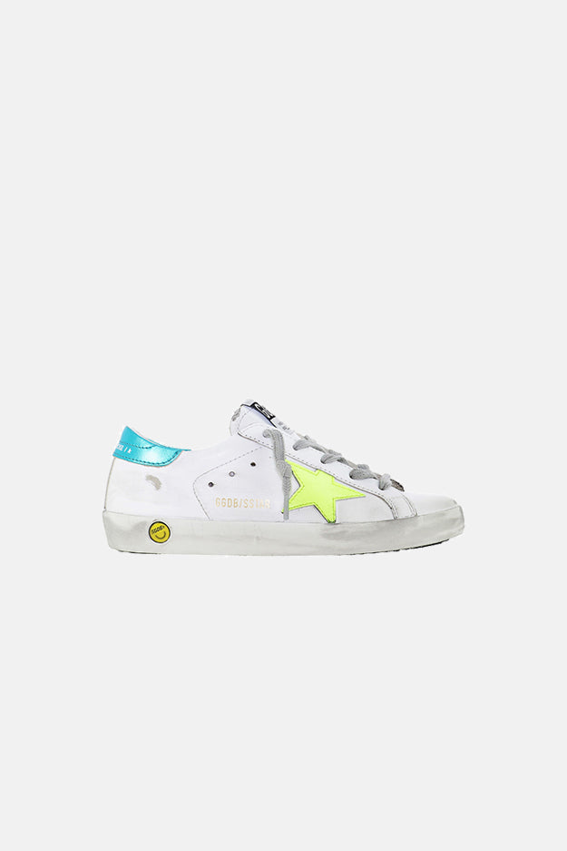 Kids Super-Star Low Top Sneaker White/Turquoise Heel/Fluorescent Star - blueandcream