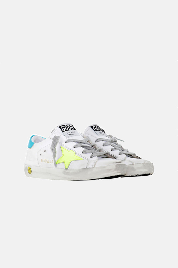 Kids Super-Star Low Top Sneaker White/Turquoise Heel/Fluorescent