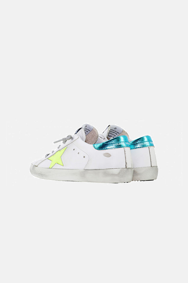 Kids Super-Star Low Top Sneaker White/Turquoise Heel/Fluorescent Star - blueandcream