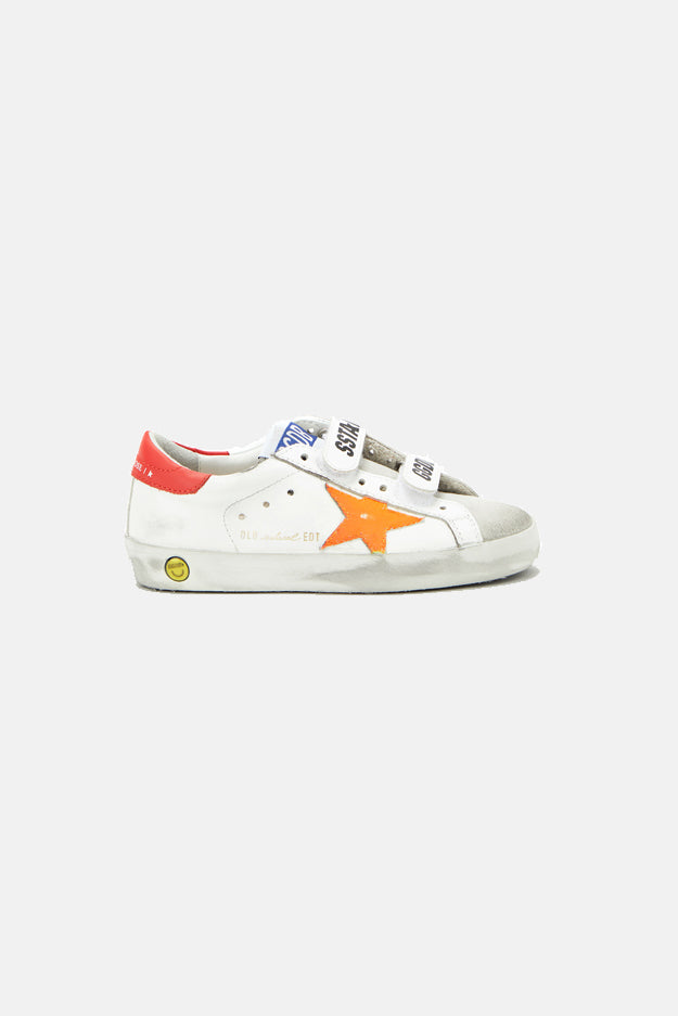 Kids Old School Low Top Sneaker White/Orange Fluorescent Star - blueandcream