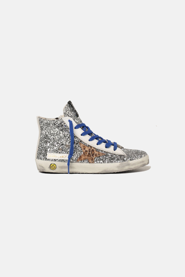 Kids Francy High Top Sneaker Silver Glitter/Leopard Star - blueandcream