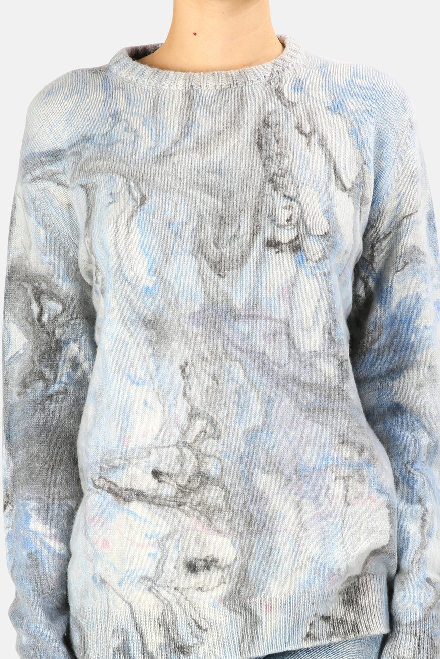 Cloud Swirl Marble Crewneck Cashmere Sweater Grey/Blue - blueandcream