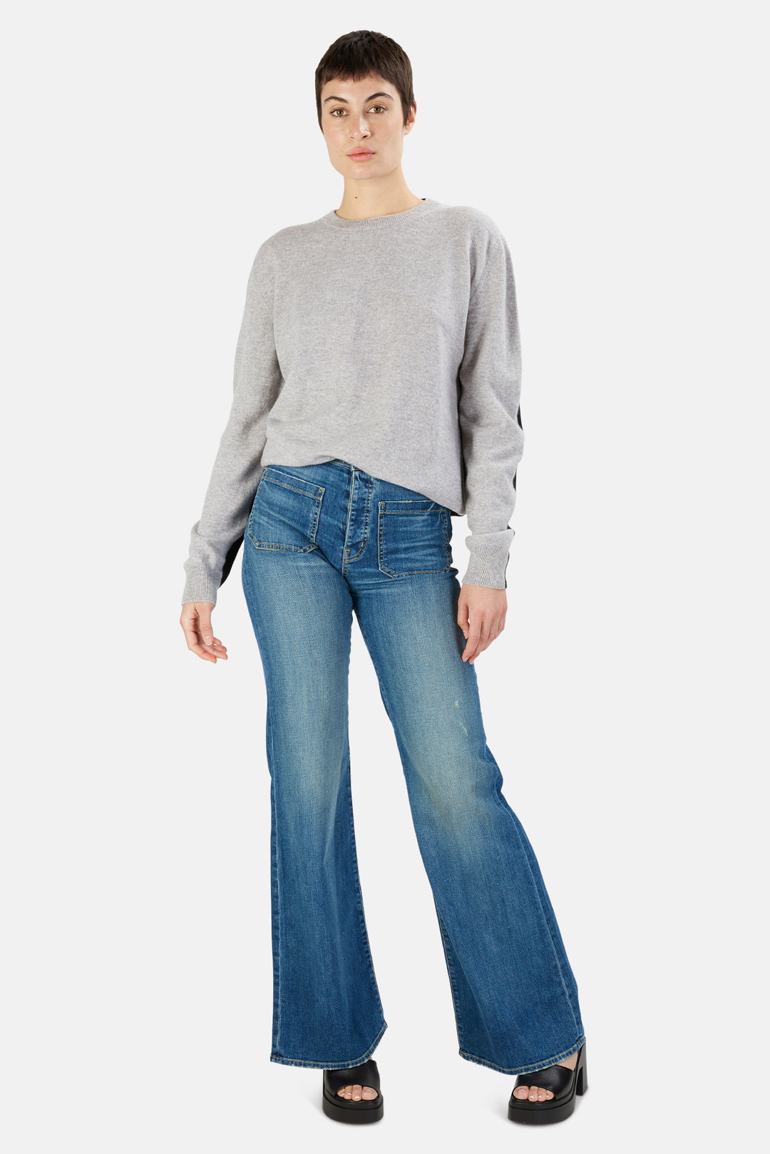 Two Tone Crewneck Cashmere Sweater Grey/Black - blueandcream