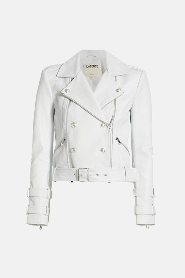 Billie Belted Leather Jacket White - blueandcream