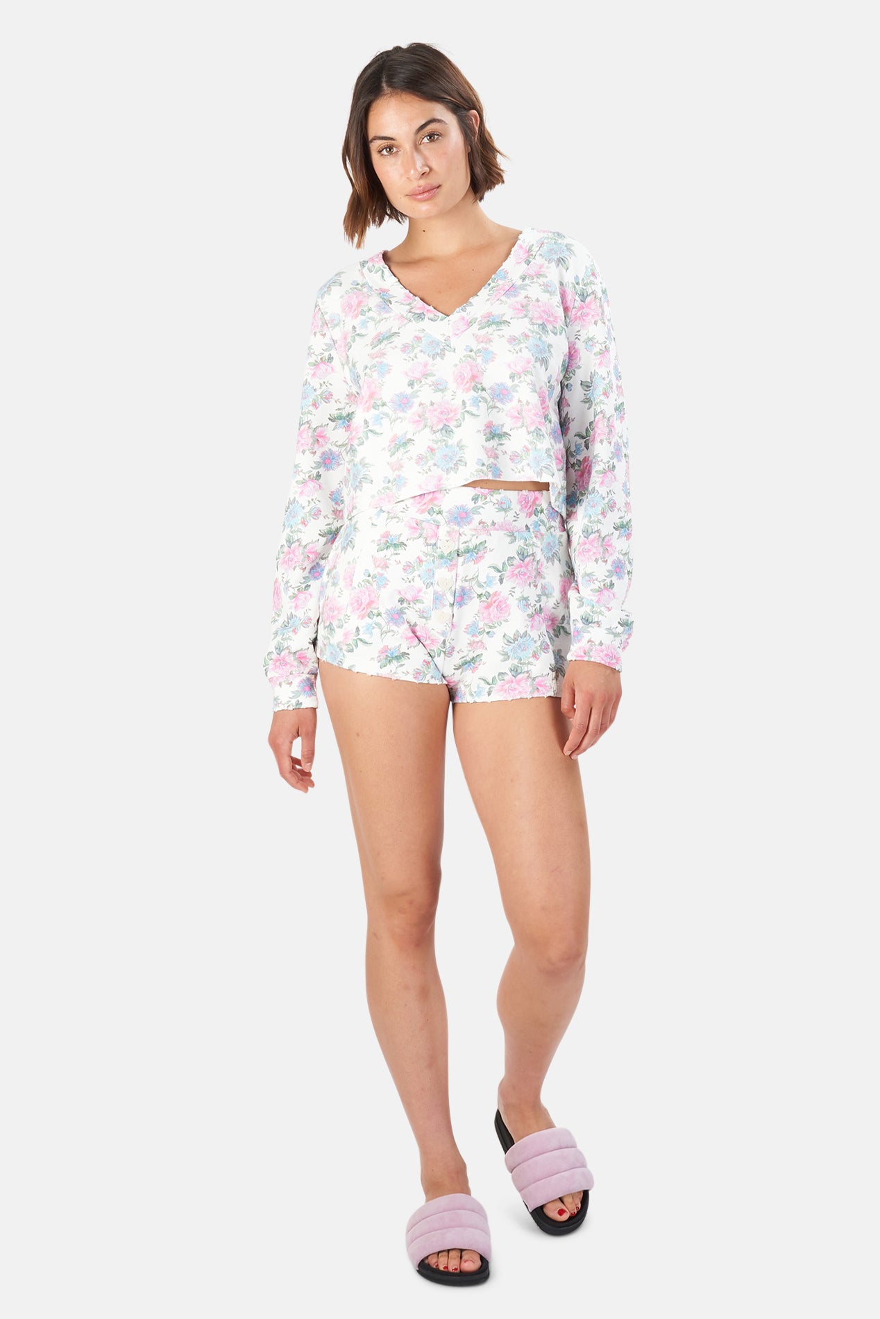 $195 shops LoveShackFancy White Floral Renato Sweat Shorts in Sea Orchid