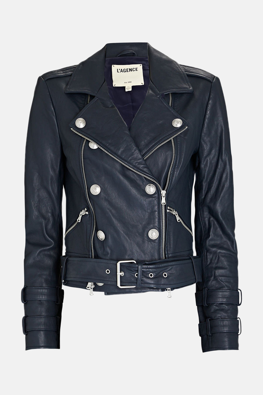 Billie Belted Leather Jacket Midnight - blueandcream