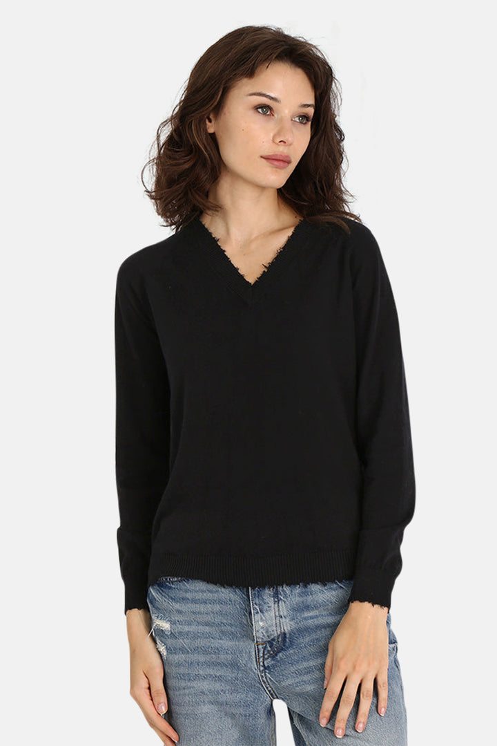 Distressed V Neck Sweater Black