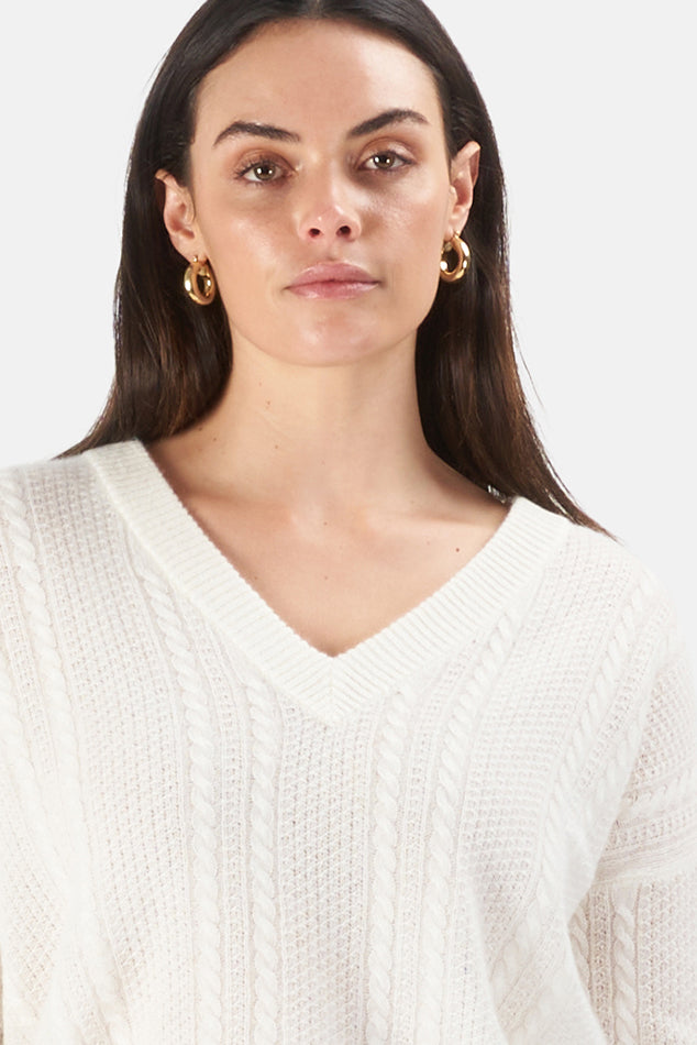 Cable Knit V-Neck Cashmere Sweater White - blueandcream