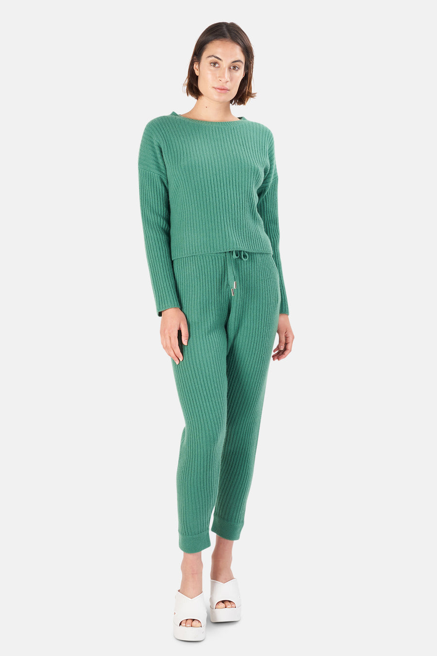 Florence Ribbed Cashmere Pants Green - blueandcream