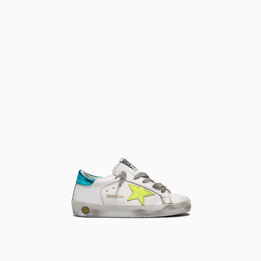 Toddler Super-Star Low Top Sneaker White/Turquoise Heel/Fluorescent Star - blueandcream