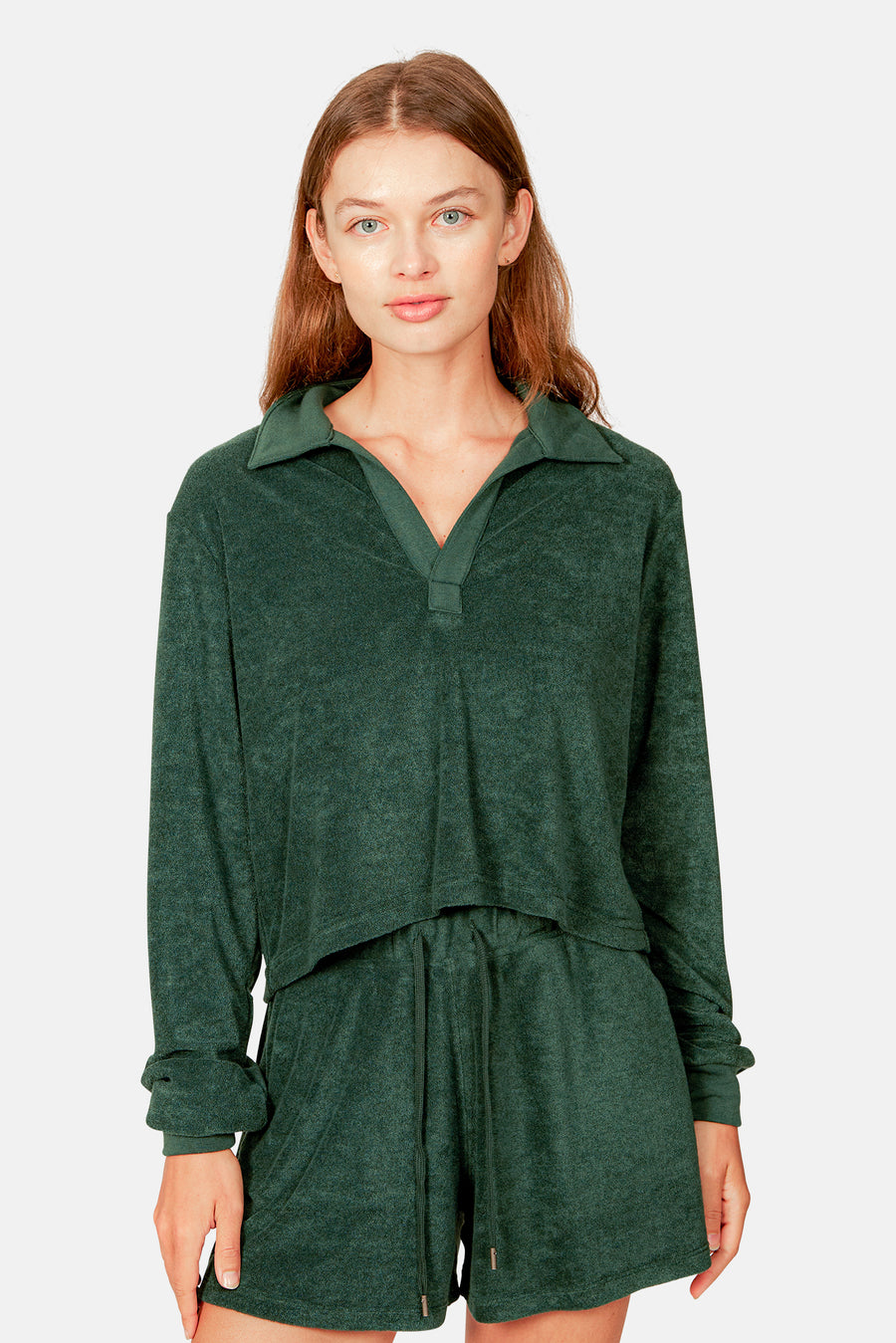 Charlie Cropped Long Sleeve Polo Forest Green - blueandcream